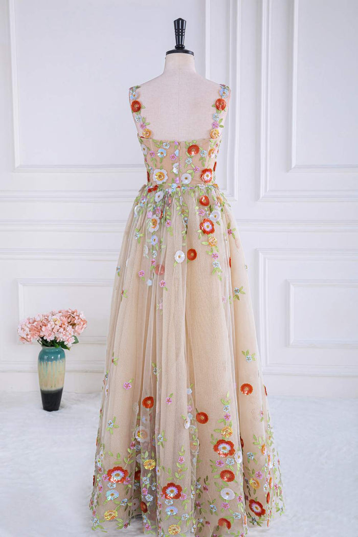 Champagne Prom Dress 2024 Floral Straps Tulle