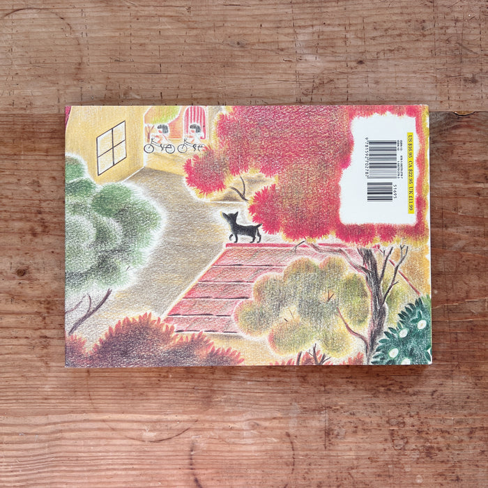 Back cover of the book with a colorful illustration of a park scene on a wooden surface