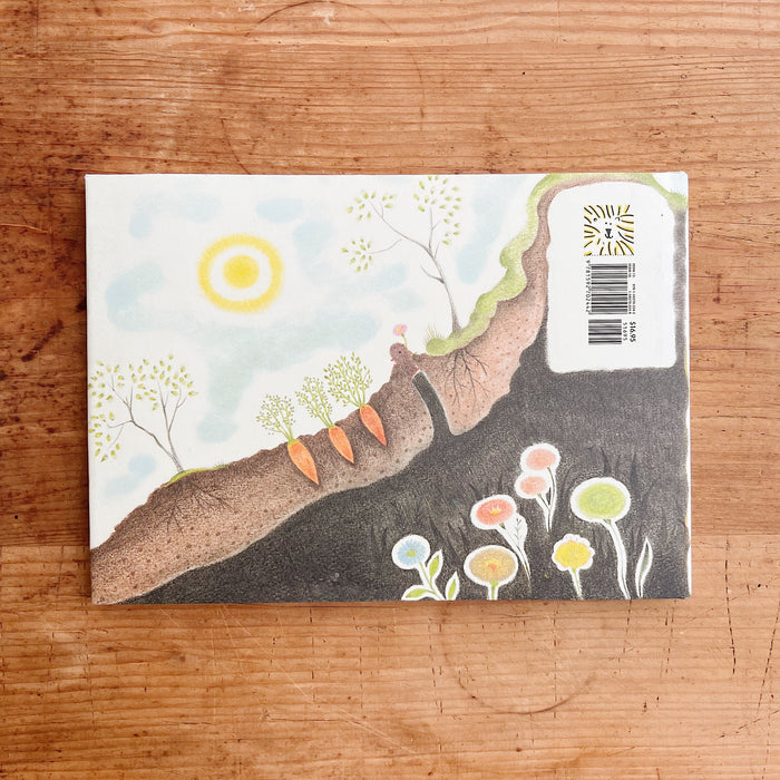 The back cover of the book showing a drawing of the sky, plants growing in the ground and the underground.