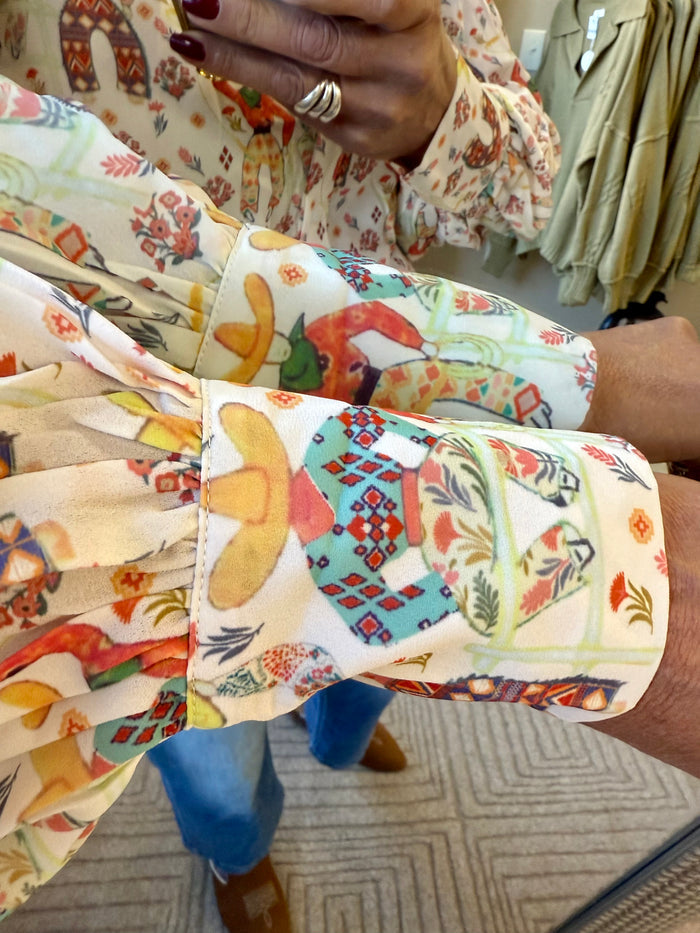 Women’s multicolor printed cowboy blouse sleeve and cuff detail with buttons