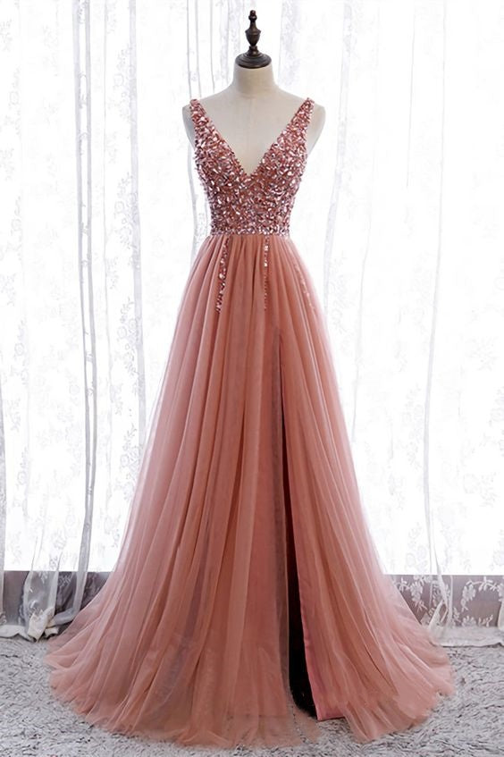 Classic Prom Dress 2024 V Neck Sleeveless Tulle Sparkly
