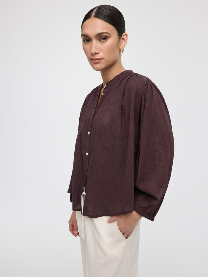Crew-Neck Buttoned-Down Gauze Blouse