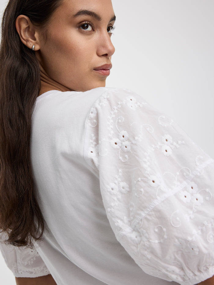 Crew-Neck Mix-Media Top with Short Puffy Sleeves