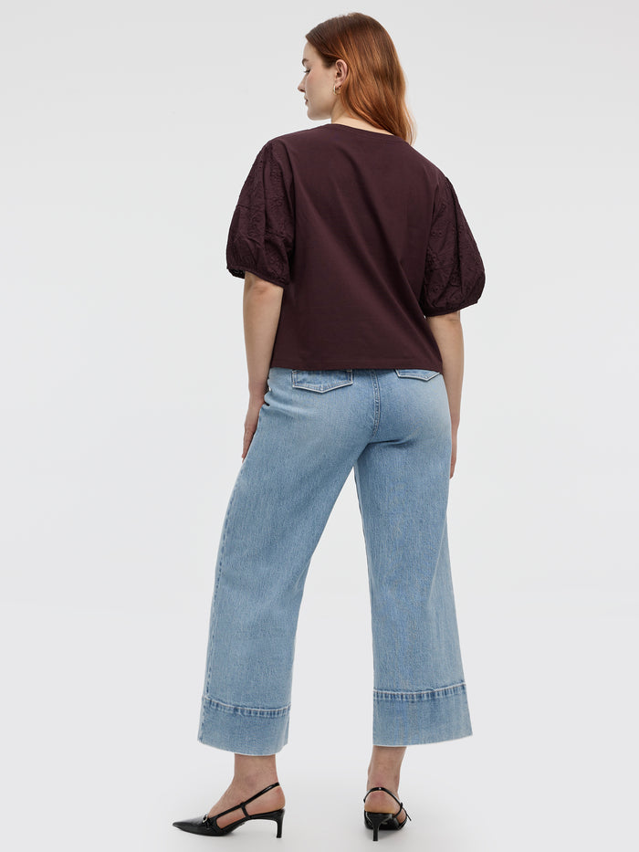 Crew-Neck Mix-Media Top with Short Puffy Sleeves