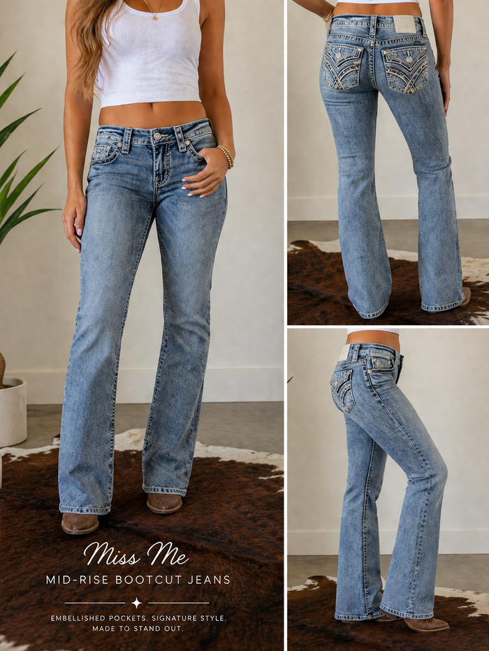 Collage of Miss Me mid-rise bootcut jeans worn by a person, with close-up shots of the design.