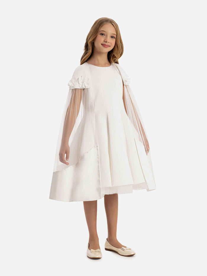 DRESS & Fleur Girls Dress with Removable Cape in White