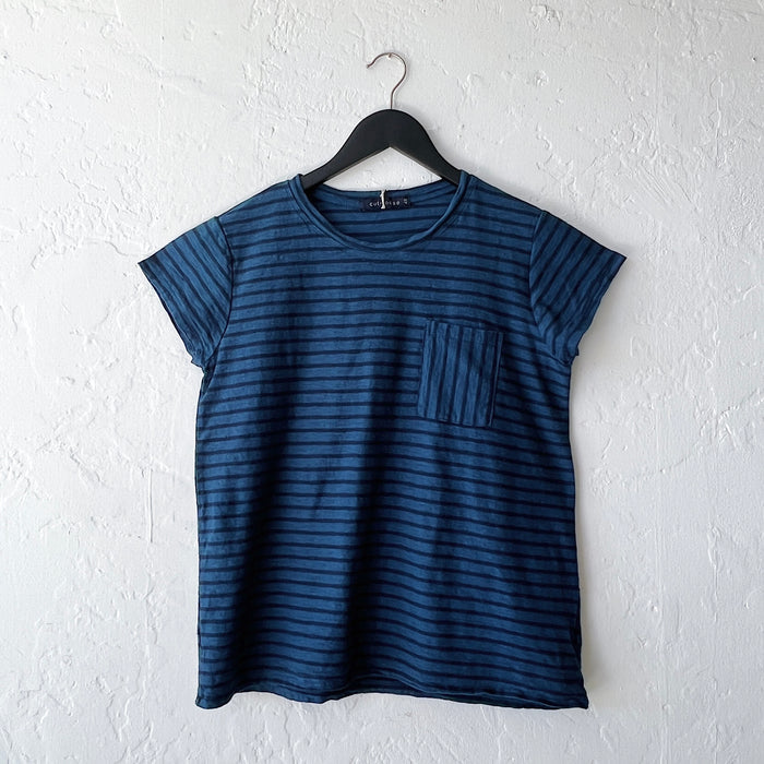Blue striped t-shirt on a hanger against a white wall