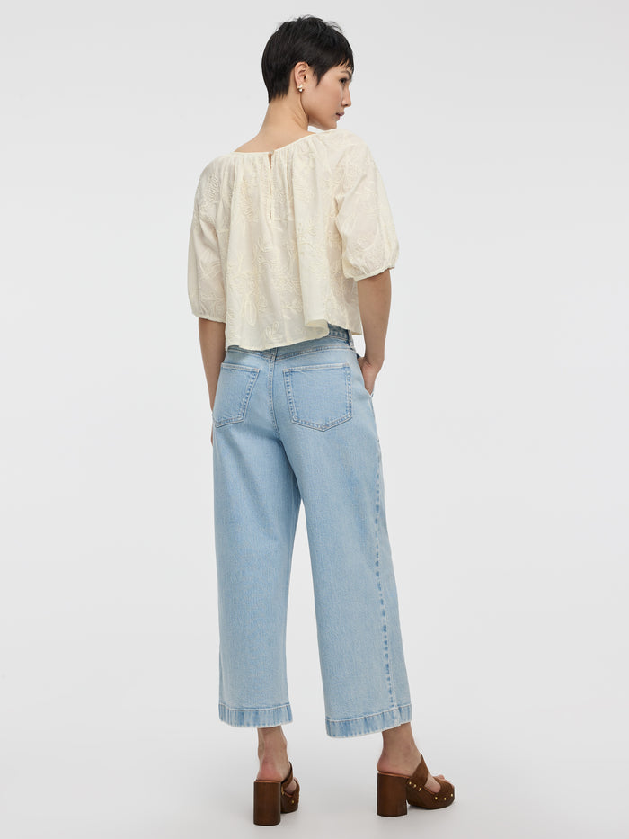 Elbow-Sleeve Scoop-Neck Eyelet Blouse