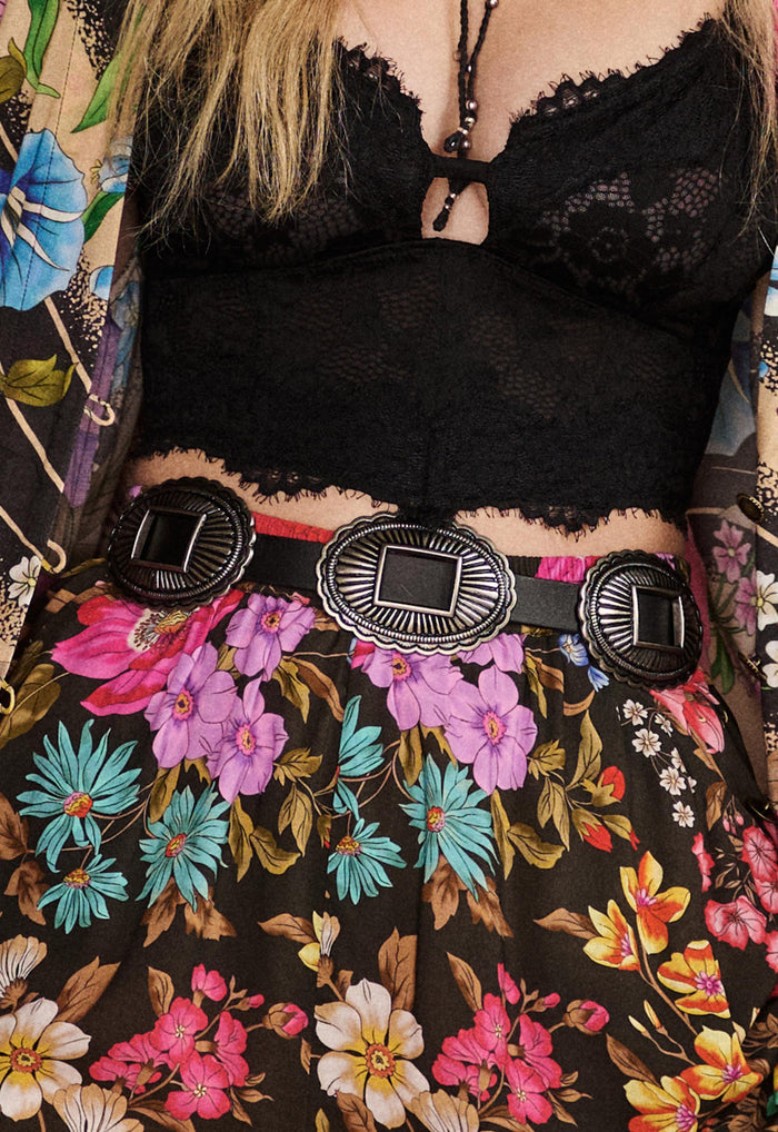 Spell Elysian Belt in Vintage Black, women's black leather belt with antique silver concho hardware