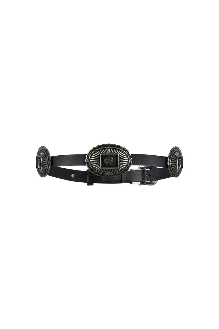 Black leather belt laid flat, three oval antique silver concho details and silver buckle closure