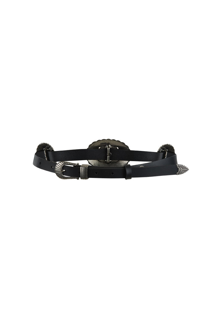 Elysian Belt in Vintage Black flat lay back view, black leather with antique silver concho hardware