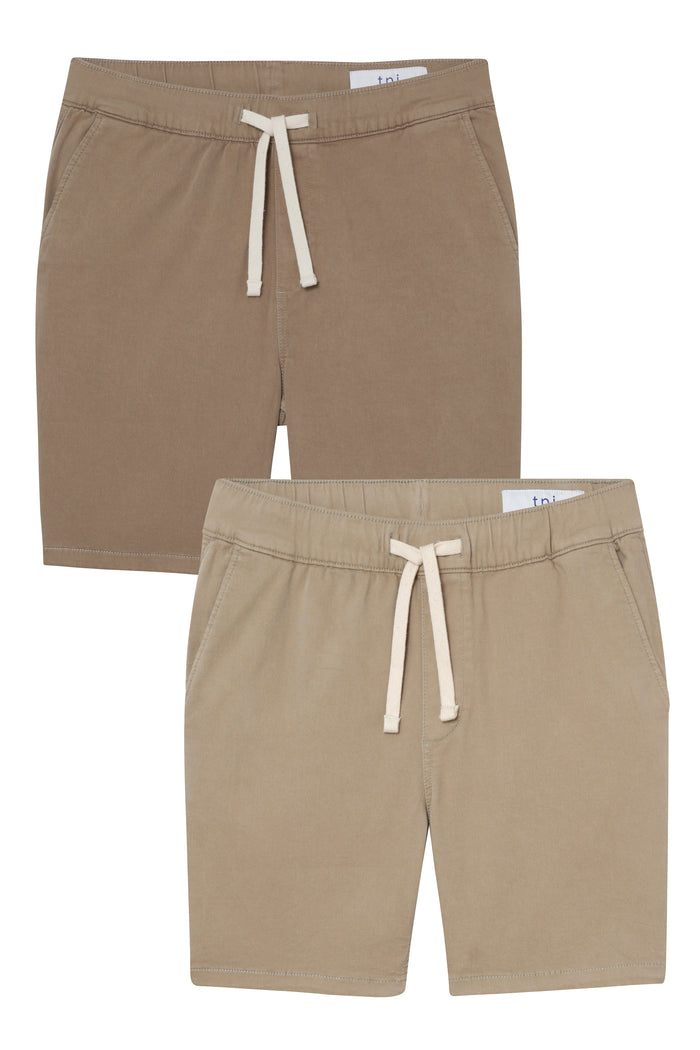 Two pairs of athletic fit shorts in dark khaki and light khaki with white drawstring waistbands and side pockets.