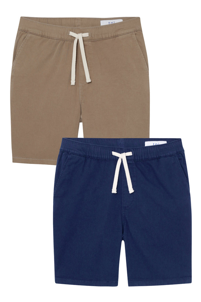Two pairs of shorts, one dark khaki and one navy blue, each with white drawstring waistbands and side pockets.