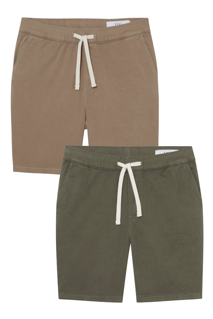 Two pairs of shorts in dark khaki and soldier olive with white drawstring waistbands and side pockets.