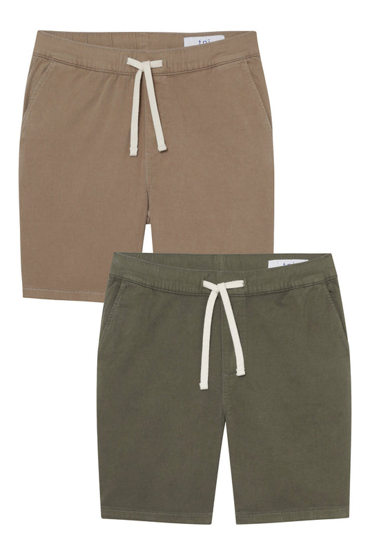 Two pairs of shorts in dark khaki and soldier olive with white drawstring waistbands and side pockets.