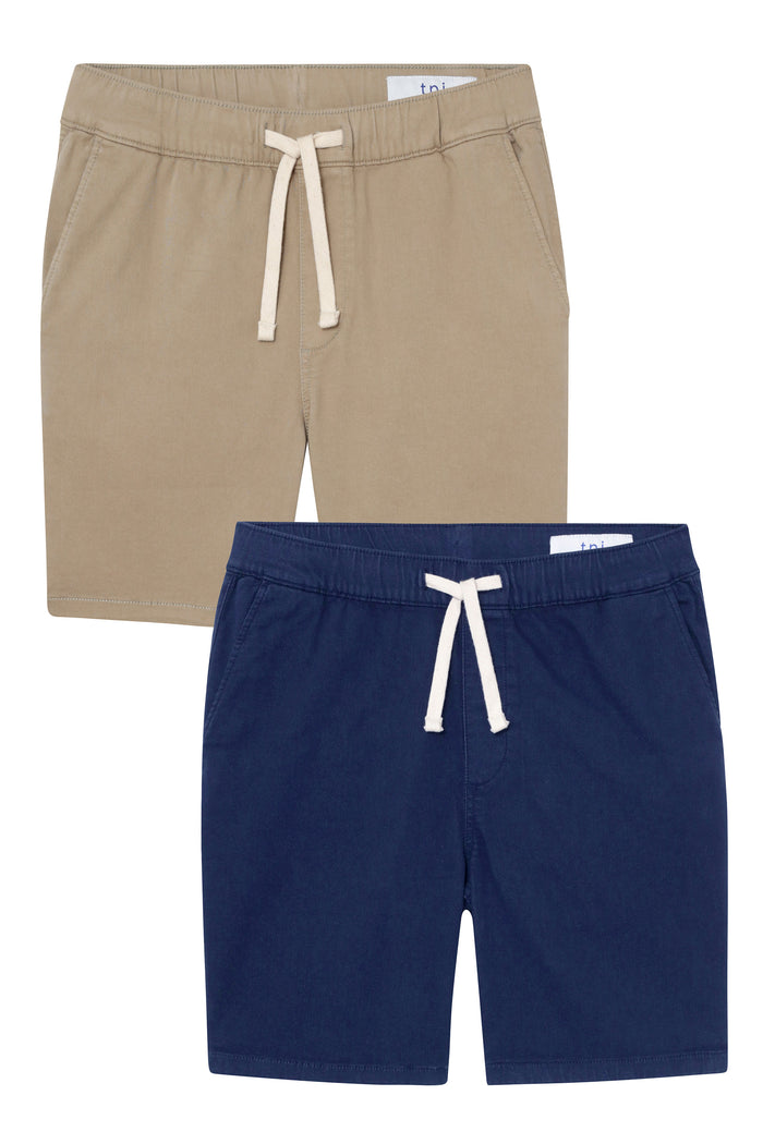 Two pairs of athletic fit shorts in light khaki and navy, each with drawstring waistbands and side pockets.