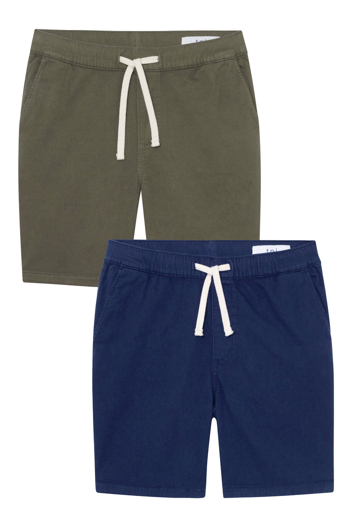 Two pairs of athletic shorts, one in soldier olive and one in navy, both with white drawstring waistbands and side pockets.