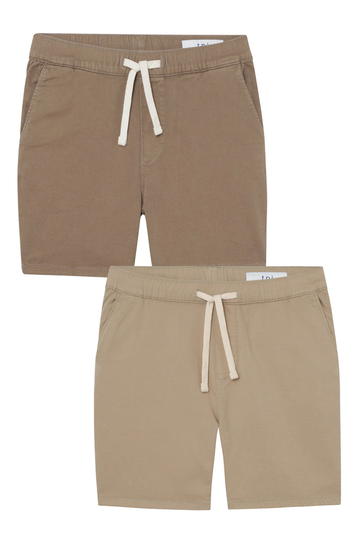 Two pairs of slim fit shorts in dark khaki and light khaki with white drawstring waistbands and side pockets.