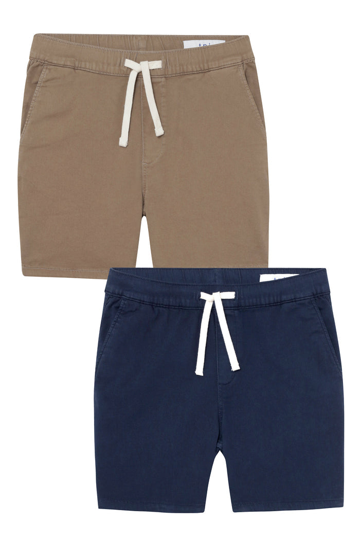 Two pairs of slim-fit shorts in dark khaki and navy, each with white drawstring waistbands and side pockets.