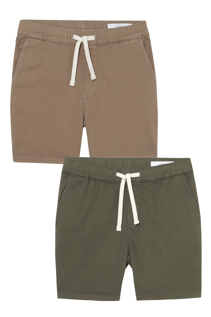 Two pairs of slim fit shorts in dark khaki and olive green with white drawstring waistbands.