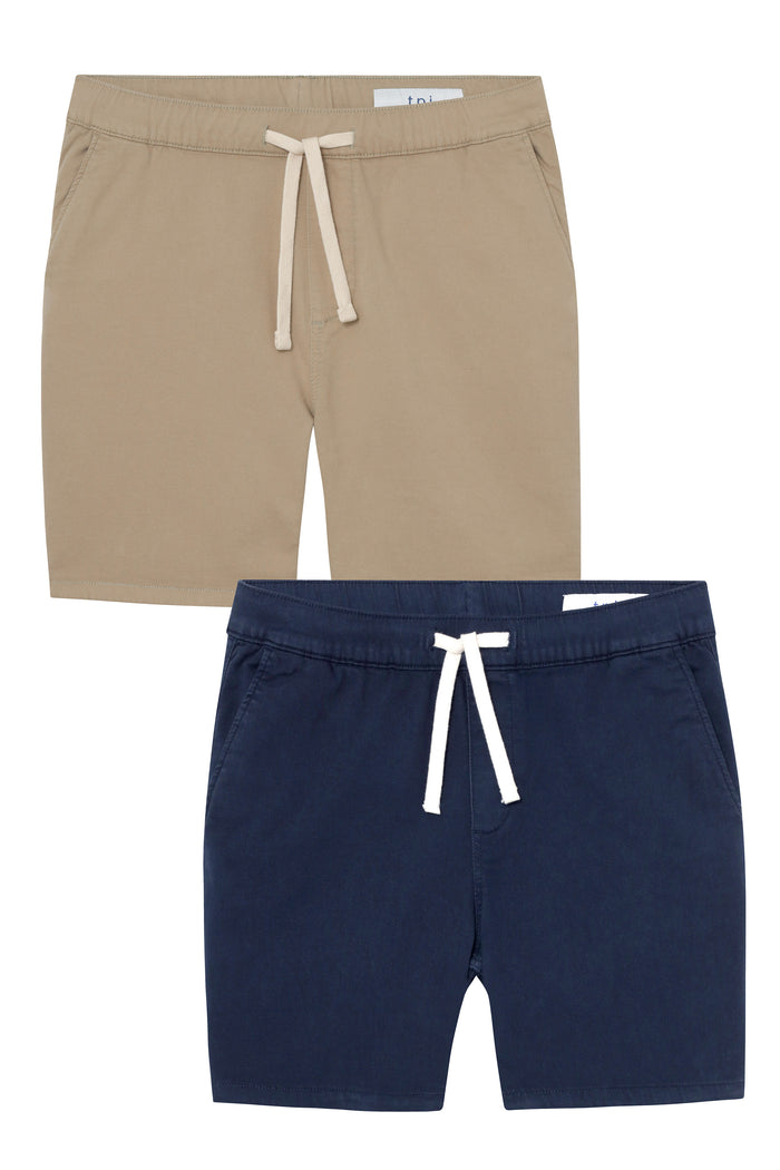 Two pairs of slim fit shorts in light khaki and navy with white drawstring waistbands and side pockets.