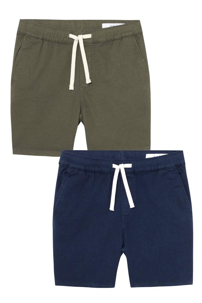 Two pairs of slim fit shorts in olive green and navy blue, each with white drawstring waistbands and side pockets.