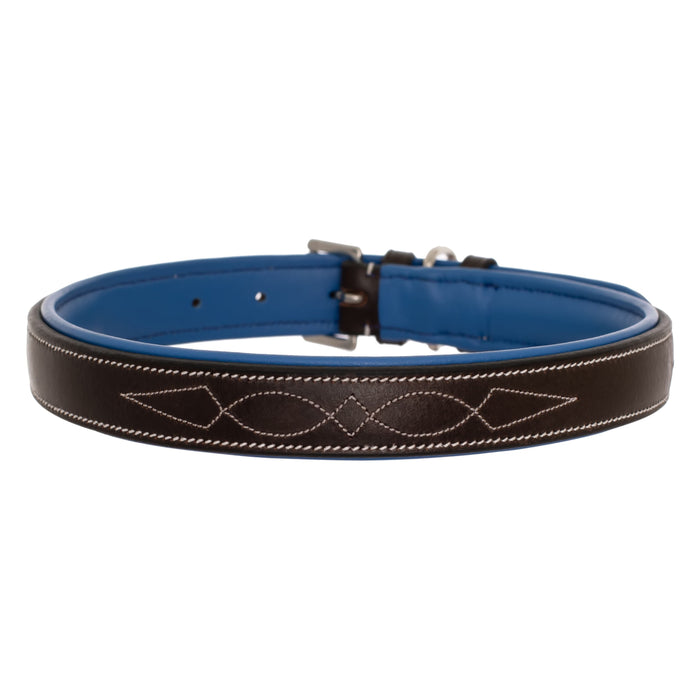ExionPro Fancy Stitched Padded Leather Dog Collar - Blue Padding