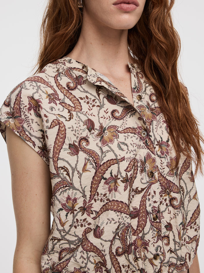 Extended-Sleeve Crew-Neck Buttoned-Down Blouse