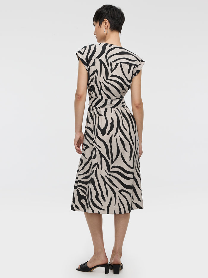 Extended-Sleeve V-Neck Belted Dress
