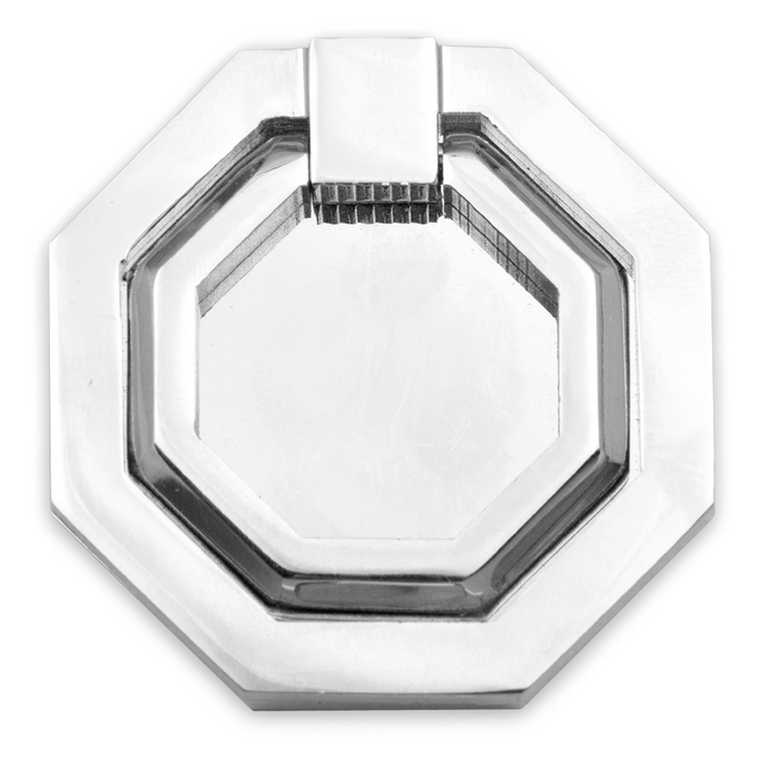 The Facet Ring Pull is an octagonal pull and references the simple details of the streamline modern style and gives a nod to nautical machinery.