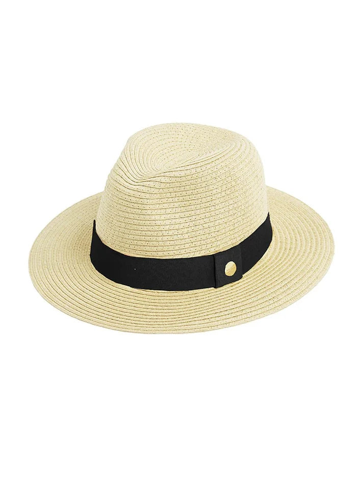 Hats Melissa Odabash Fedora Hat Beige/Black O/S / Beige Apoella
