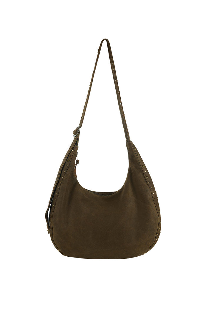 Fontaine Studded Bag front view, olive suede leather crescent silhouette with antique brass studs along strap and seams