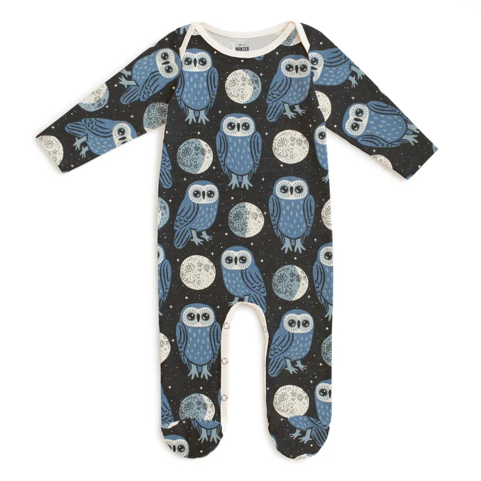 Baby onesie with blue owl pattern on a white background