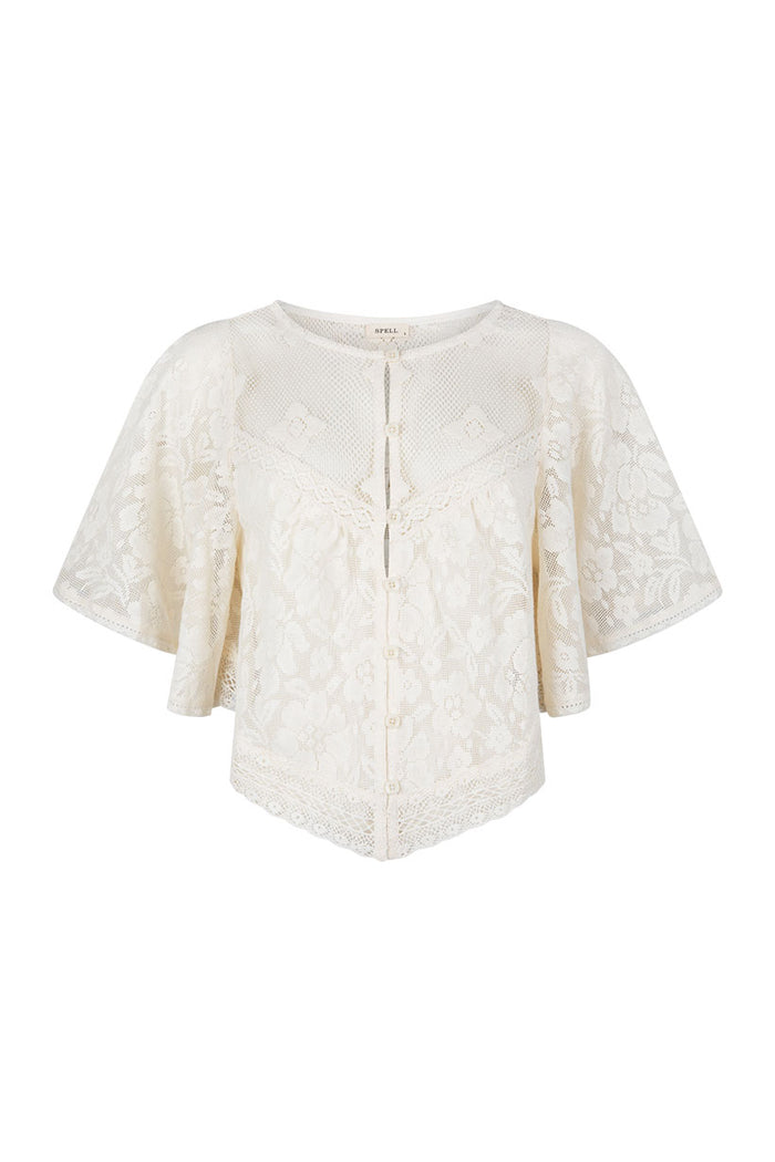 Front flat lay of vintage cream lace crop top with corozo button placket and flutter sleeves on white background