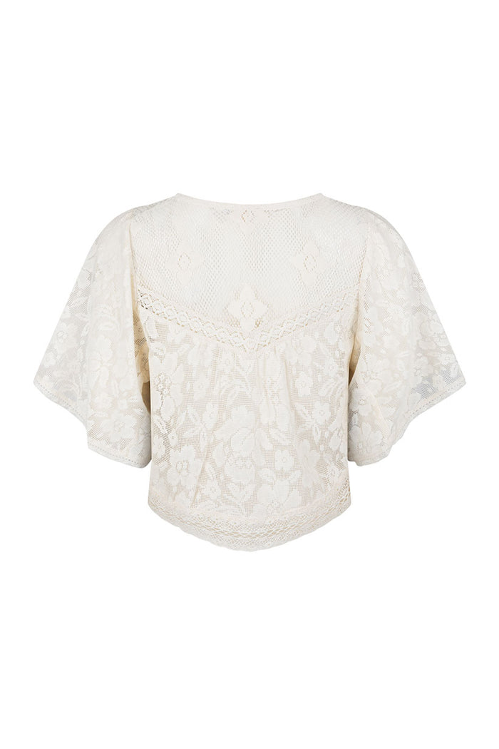 Back flat lay of Free Love Lace Crop in Vintage Cream, showing contrast lace panel and wide-hem flutter sleeves