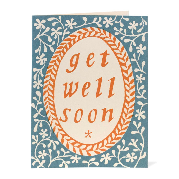 Get well soon card with floral design on a blue background
