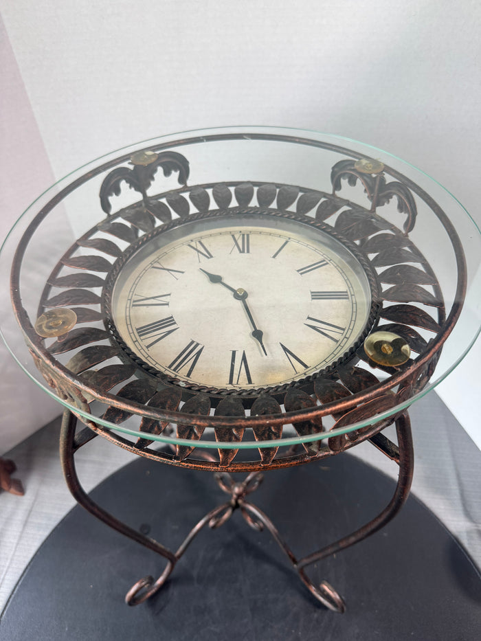 Glass Top Metal Scroll Clock Side Table (WORKS)