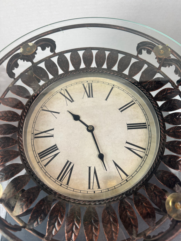 Glass Top Metal Scroll Clock Side Table (WORKS)