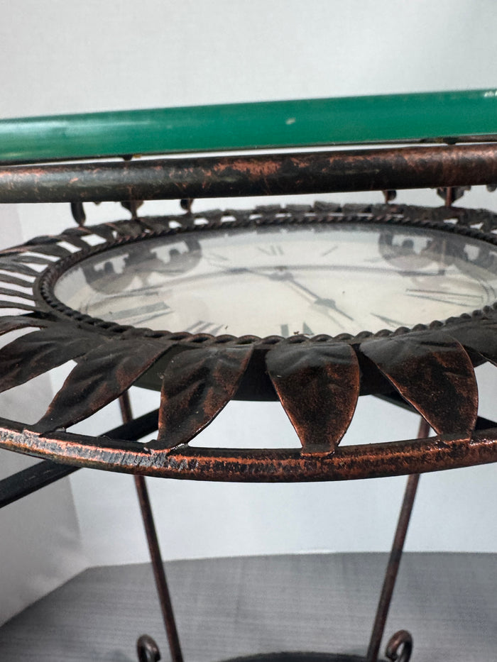 Glass Top Metal Scroll Clock Side Table (WORKS)