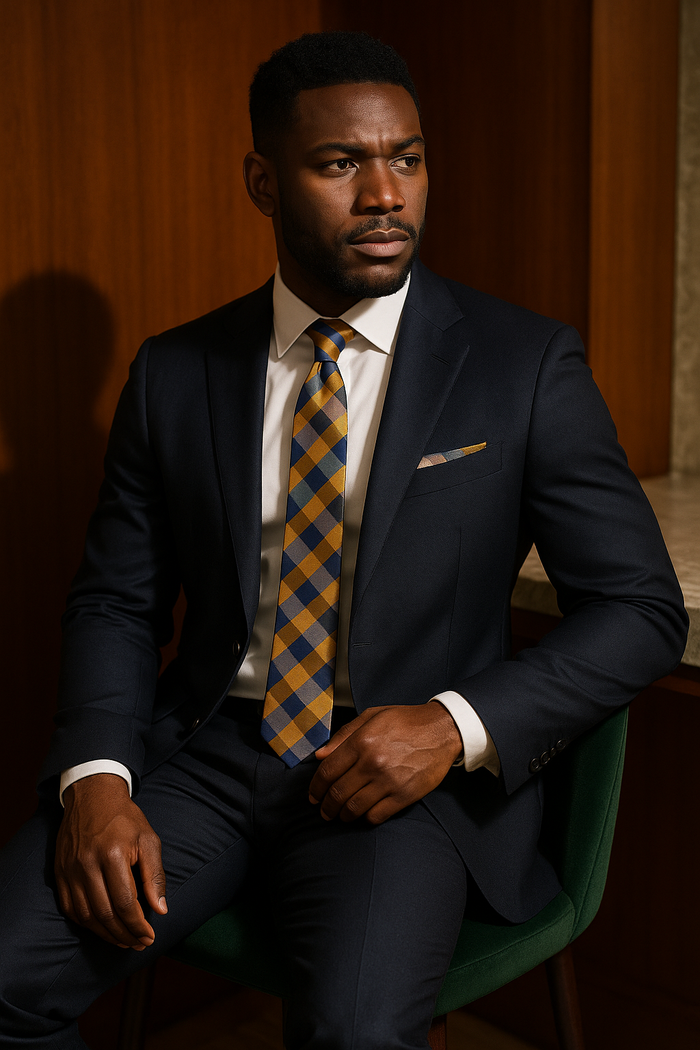AI generated marketing image for Gold Blue Silver Plaid Skinny Tie