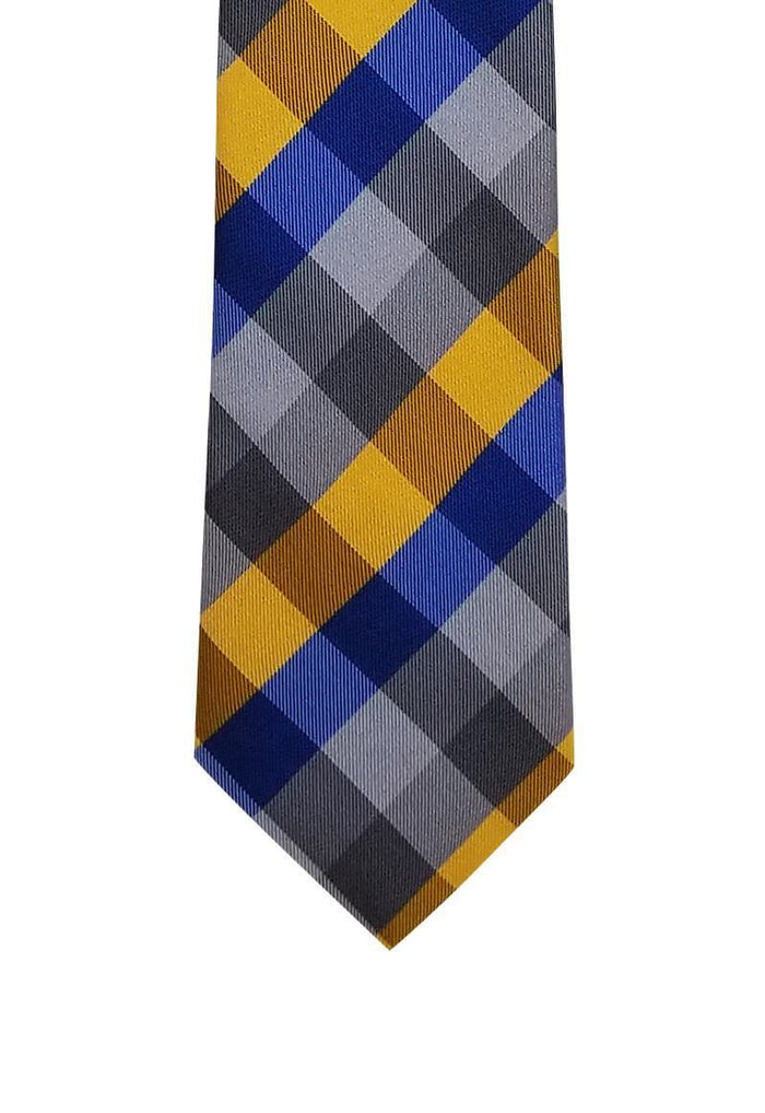 Gold Blue Silver Plaid Skinny Pre-tied Tie, Tie, GoTie