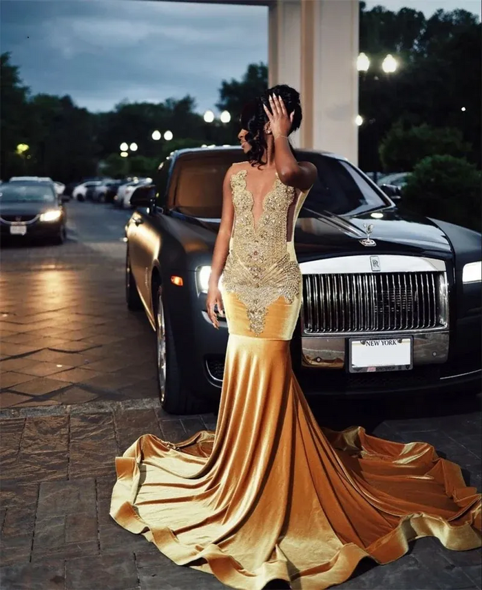 Gold Velvet Prom Dress 2025 Gorgeous for Black Girl