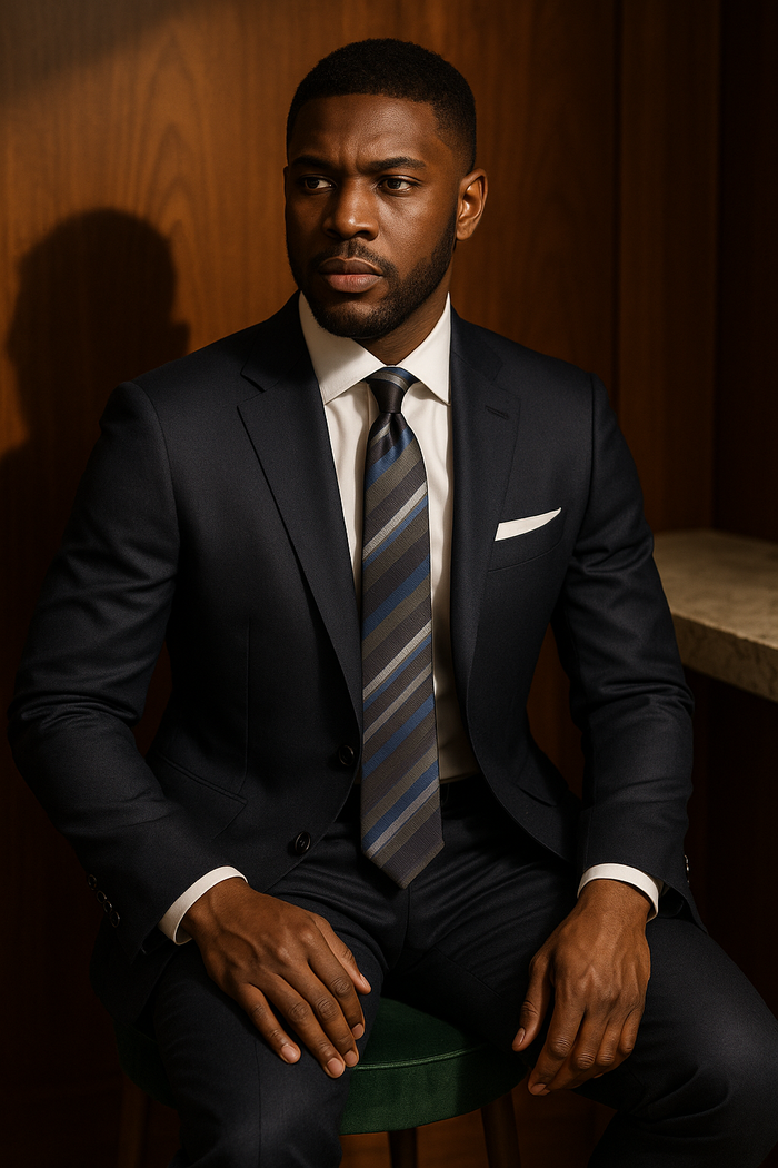 AI generated marketing image for Gray with Multi-Blue Striped Traditional Tie