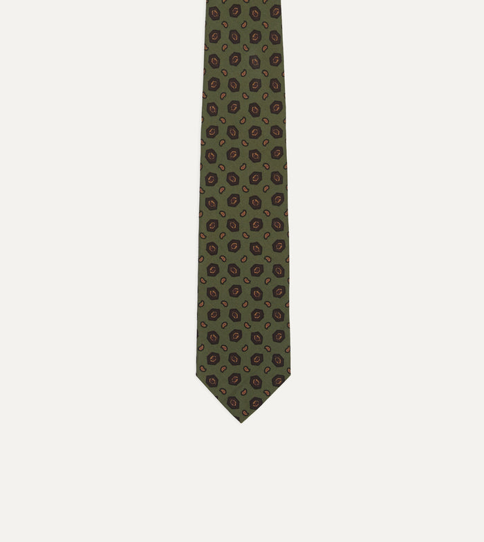 Green Mini Paisley Medallion Print Silk Self-Tipped Tie