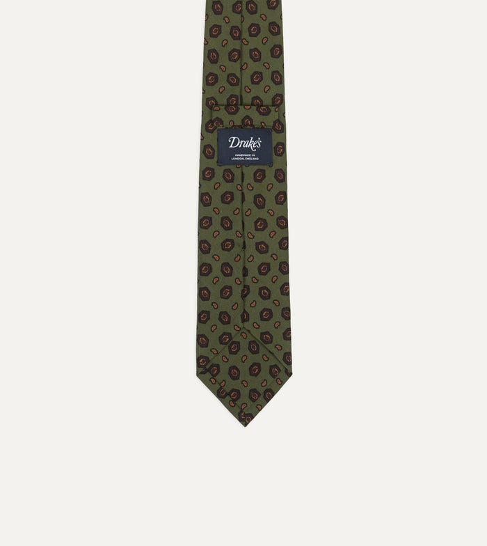Green Mini Paisley Medallion Print Silk Self-Tipped Tie