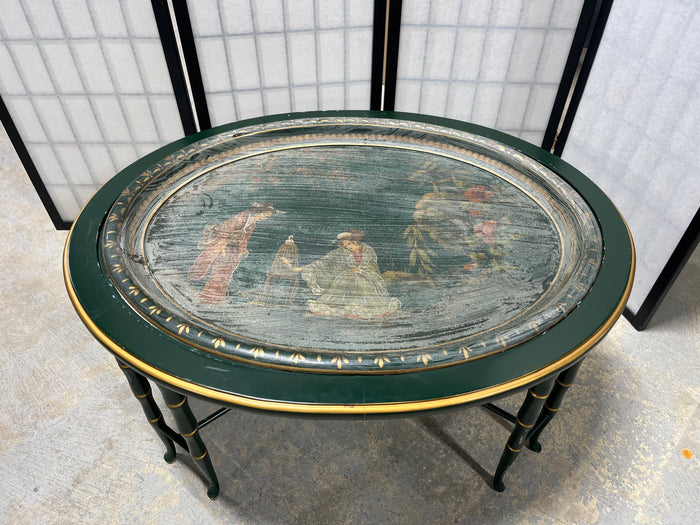 Green Painted Oval Coffee Table with Decorative Plastic Tray