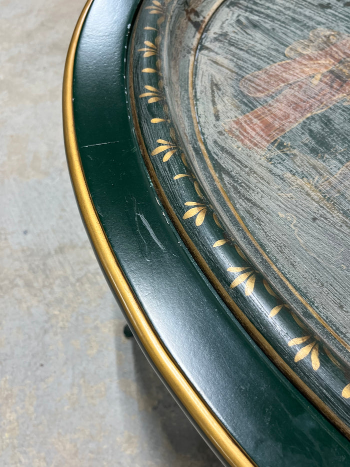 Green Painted Oval Coffee Table with Decorative Plastic Tray