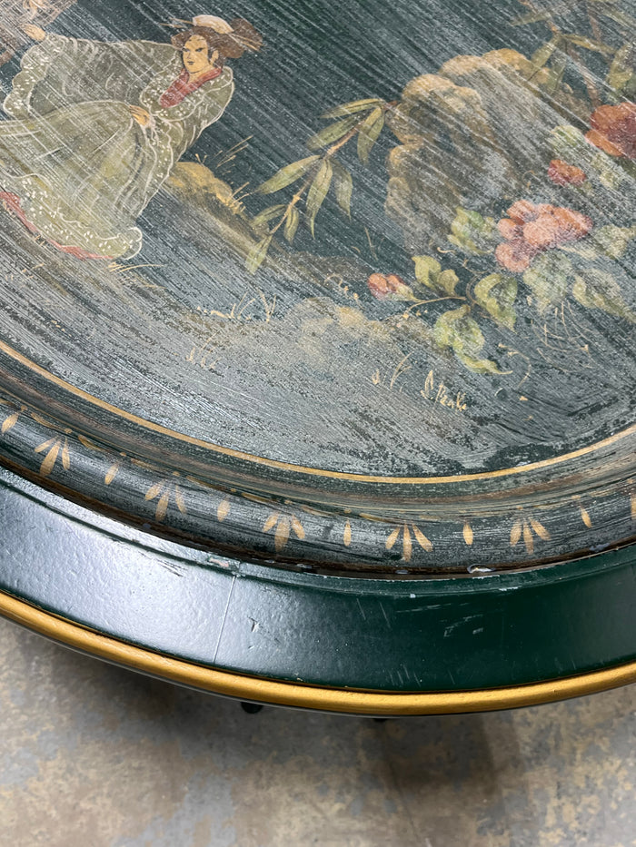 Green Painted Oval Coffee Table with Decorative Plastic Tray