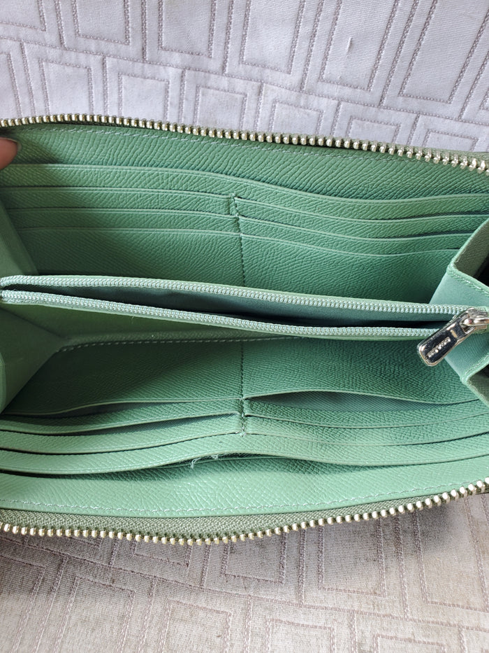 Coach Green Pebble Leather Zip-Around Wallet