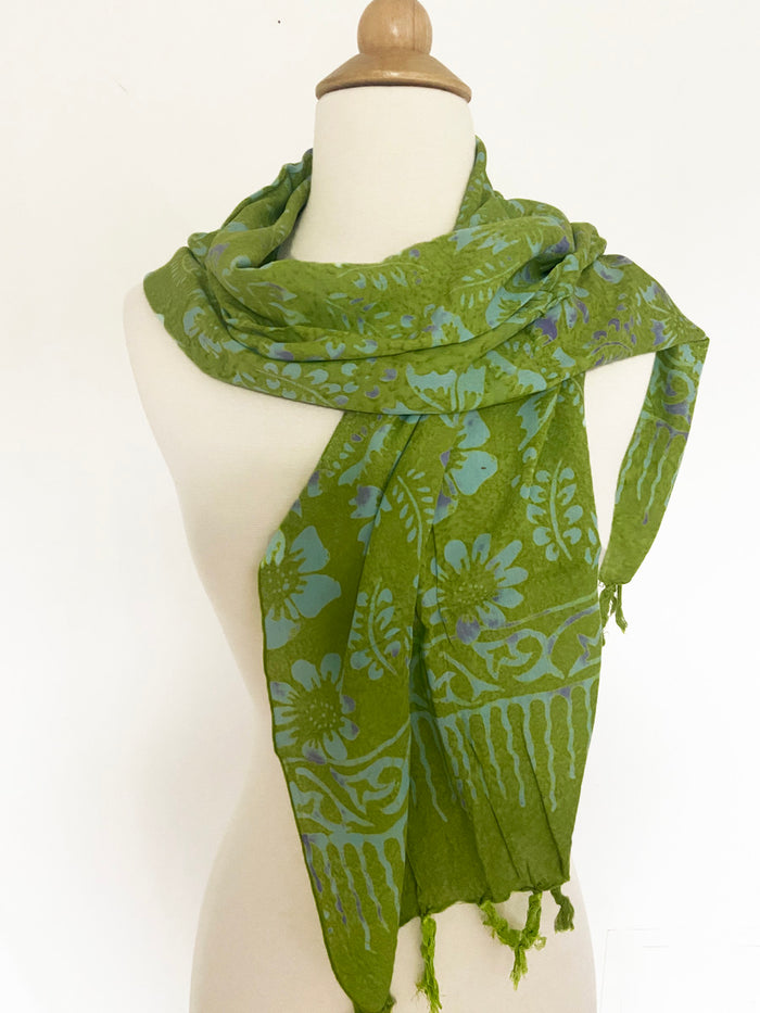 Handmade Batik Rayon Fringe Scarf - Apple Green-Blue-Plum